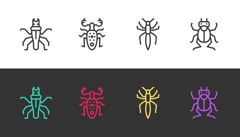 Set line Termite, Beetle deer, Spider and bug on black and white. Vector Stockillustratie