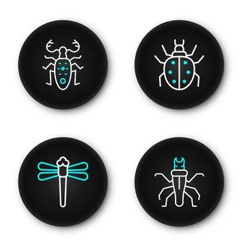 Set line Termite, Dragonfly, Mite and Beetle deer icon. Vector Stock Illustration