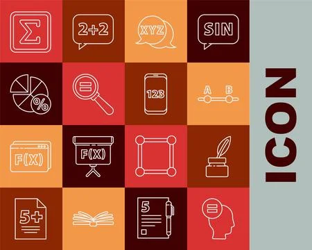 Set line Test or exam sheet, Chalkboard, Calculator, Paper clip, Equation sol Stock Illustration