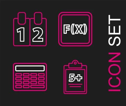 Set line Test or exam sheet, Calculator, Function mathematical symbol and Stock Illustration