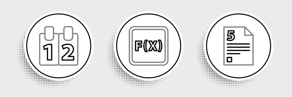 Set line Test or exam sheet, Calendar and Function mathematical symbol icon Illustrazione stock