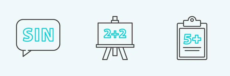 Set line Test or exam sheet, Mathematics function sine and Chalkboard icon... Illustrazione stock