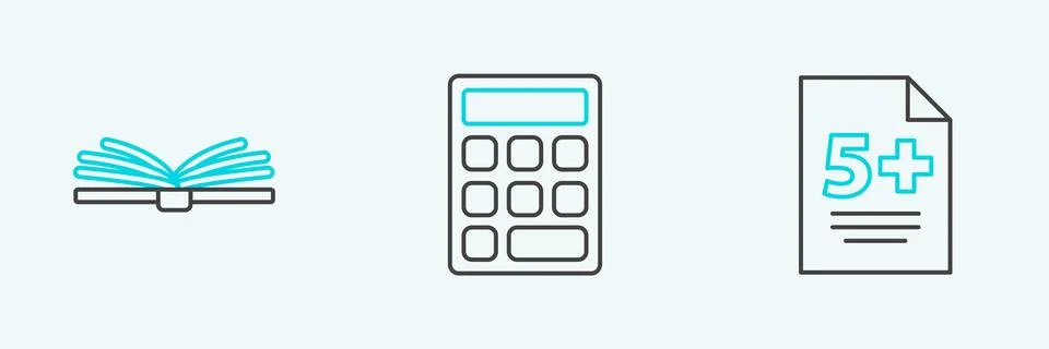 Set line Test or exam sheet, Open book and Calculator icon. Vector Illustrazione stock