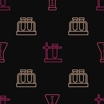 Set line Test tube and flask, and on stand on seamless pattern. Vector Illustrazione stock