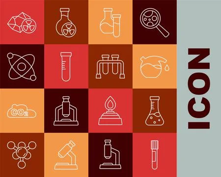 Set line Test tube, Atom, Radioactive and icon. Vector Stock Illustration