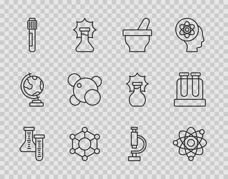 Set line Test tube, Atom, Mortar and pestle, Molecule, Microscope and  icon.  イラスト素材