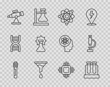 Set line Test tube, Atom, Funnel or filter, Telescope, Explosion in the fla.. Stock Illustration