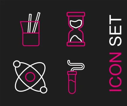 Set line Test tube, Atom, Old hourglass and Laboratory glassware icon. Vector Stock Illustration