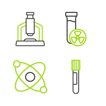 Set line Test tube, Atom, with toxic liquid and Microscope icon. Vector Illustrazione stock