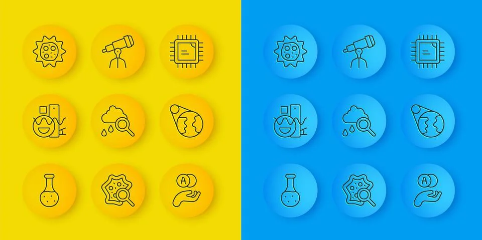 Set line Test tube, Basic geometric shapes, Cloud with rain, Atom, Earth globe Illustrazione stock