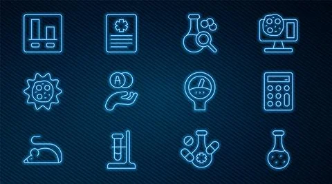 Set line Test tube, Calculator, Atom, Virus, Graph chart infographic, Gauge Stock Illustration