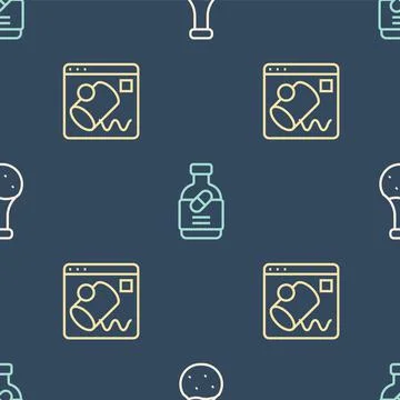 Set line Test tube, Data visualisation and Medicine bottle and pills on seaml Illustrazione stock