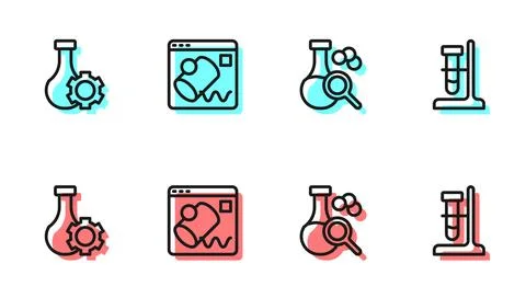 Set line Test tube, Data visualisation and flask stand icon. Vector 스톡 일러스트