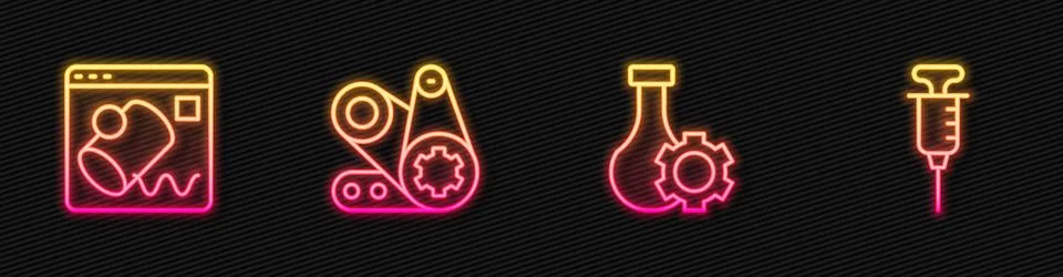 Set line Test tube, Data visualisation, Timing belt kit and Syringe. Glowing 스톡 일러스트