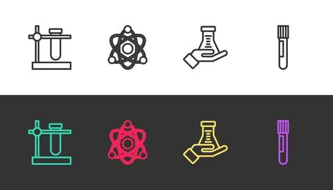 Set line Test tube flask on stand, Atom, and on black and white. Vector Stock Illustration