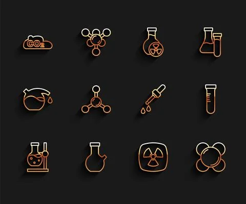 Set line Test tube flask on stand, CO2 emissions in cloud, Radioactive, Molecule Stock Illustration