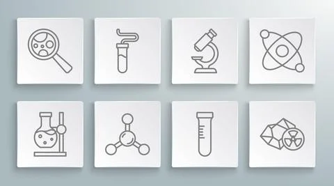 Set line Test tube flask on stand, Molecule, Radioactive, Microscope, Atom and 스톡 일러스트