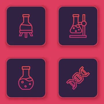 Set line Test tube, flask on stand and DNA symbol. Blue square button. Vector Illustrazione stock