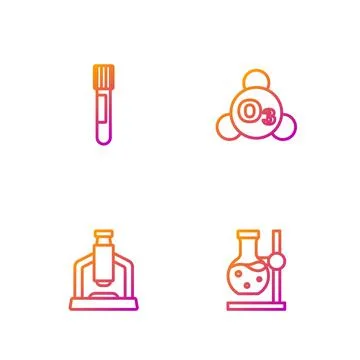 Set line Test tube flask on stand, Microscope, and Ozone. Gradient color icons Stockillustratie