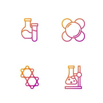 Set line Test tube flask on stand, Molecule, and . Gradient color icons. Vector Ilustración de archivo
