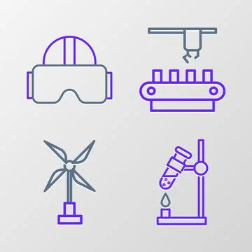 Set line Test tube flask on fire, Wind turbine, Factory conveyor system belt  Illustrazione stock