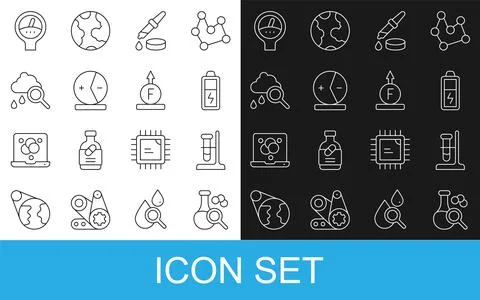 Set line Test tube, flask on stand, Battery, Pipette, Atom, Cloud with rain,  Stock Illustration