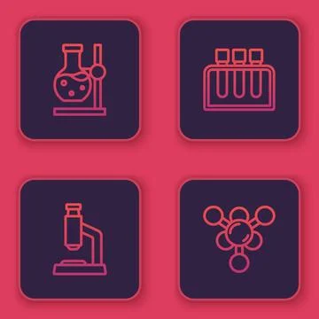 Set line Test tube flask on stand, Microscope, and Molecule. Blue square button 스톡 일러스트