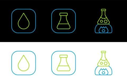 Set line Test tube flask on fire, Water drop and and icon. Vector Ilustración de archivo