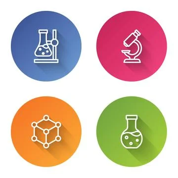Set line Test tube flask on stand, Microscope, Molecule and . Color circle Stockillustratie
