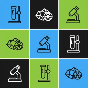Set line Test tube flask on stand, Microscope and Radioactive icon. Vector Stock Illustration