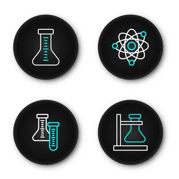 Set line Test tube flask on stand, Atom and  icon. Vector Stock Illustration