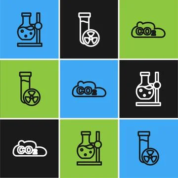 Set line Test tube flask on stand, CO2 emissions in cloud and with toxic li.. Stock Illustration