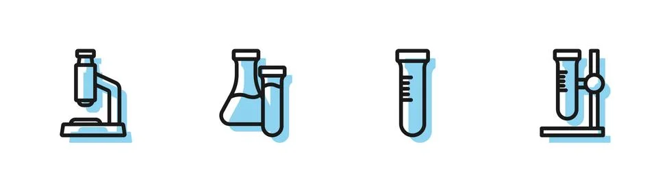 Set line Test tube, Microscope, and flask on stand icon. Vector Stock Illustration