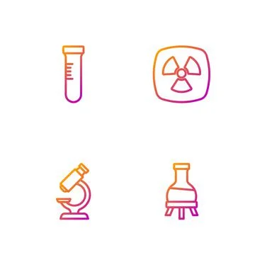Set line Test tube, Microscope, and Radioactive. Gradient color icons. Vector Illustrazione stock