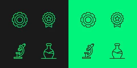 Set line Test tube, Microscope, Gear and Medal with star icon. Vector 库存插图