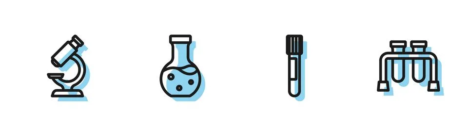 Set line Test tube, Microscope, and icon. Vector Stock Illustration