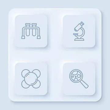 Set line Test tube, Microscope, Molecule and Microorganisms under magnifier Stockillustratie