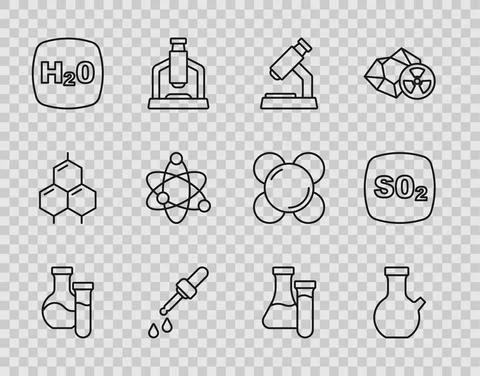 Set line Test tube, Microscope, Pipette, Chemical formula H2O, Atom, and Sulfur イラスト素材