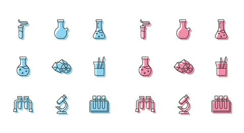 Set line Test tube, Microscope, Radioactive, Laboratory glassware, and icon Stockillustratie