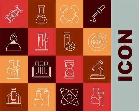Set line Test tube, Microscope, Helium, Molecule, flask on stand, Alcohol or Illustrazione stock