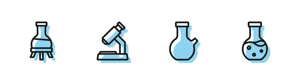 Set line Test tube, Microscope and icon. Vector Illustrazione stock