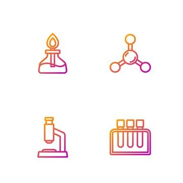 Set line Test tube, Microscope, Alcohol or spirit burner and Molecule. Gradient Stock Illustration