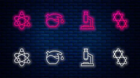 Set line Test tube, Microscope, Atom and Molecule. Glowing neon icon on brick Illustrazione stock