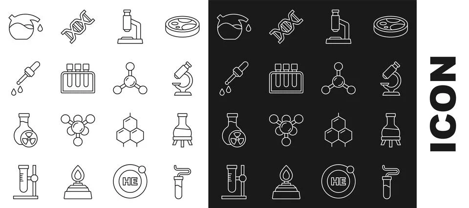 Set line Test tube, Microscope, Pipette, and Molecule icon. Vector Illustrazione stock