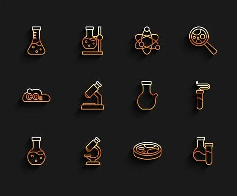 Set line Test tube, Microscope, Petri dish with bacteria, and icon. Vector Stock Illustration
