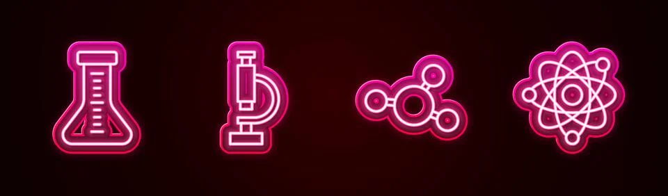 Set line Test tube, Microscope, Molecule and Atom. Glowing neon icon. Vector 库存插图