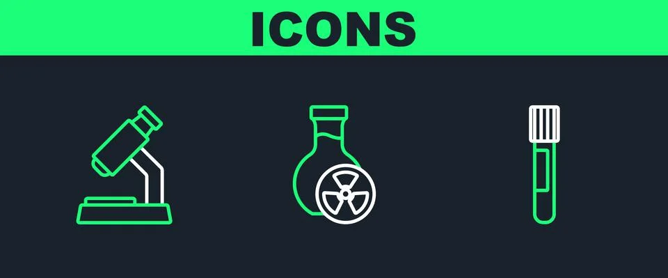 Set line Test tube, Microscope and with toxic liquid icon. Vector Illustrazione stock