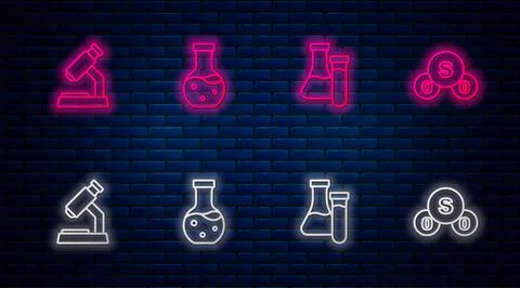 Set line Test tube, Microscope and Sulfur dioxide SO2. Glowing neon icon on Stockillustratie
