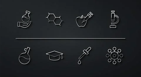 Set line Test tube, Microscope, Pipette, Graduation cap, Chemical formula, Virus Illustrazione stock