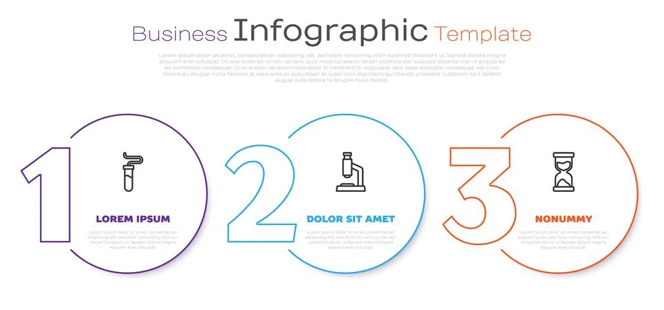 Set line Test tube, Microscope and Old hourglass. Business infographic template Stockillustratie